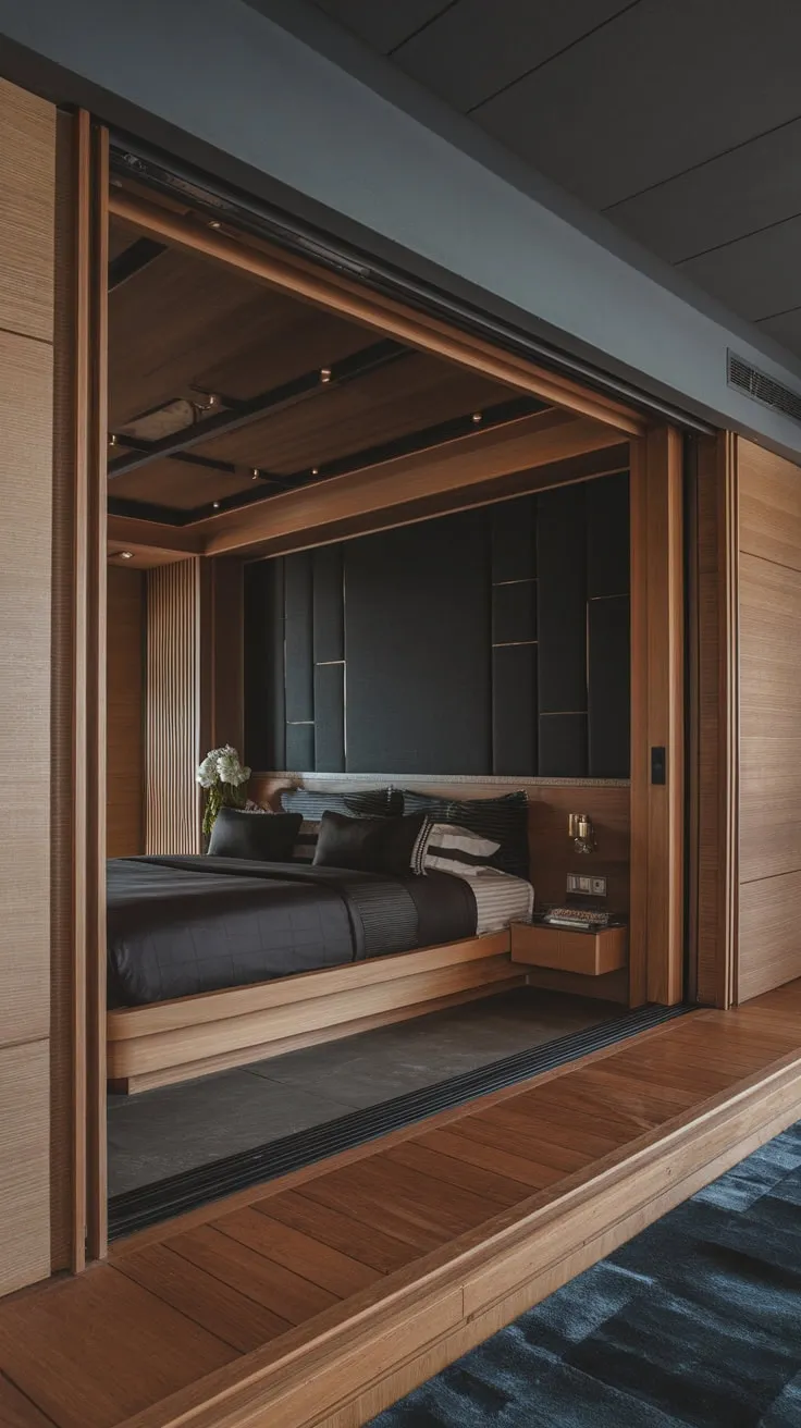 Dark wood, low-slung furniture, and a moody color palette define this luxurious modern bedroom