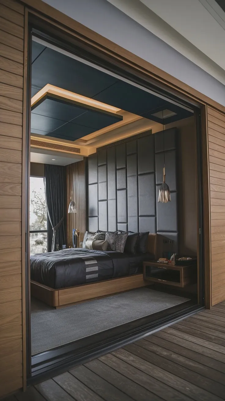 A low-slung bed and dark wood accents define this luxurious modern bedroom's sophisticated gray and dark blue palette