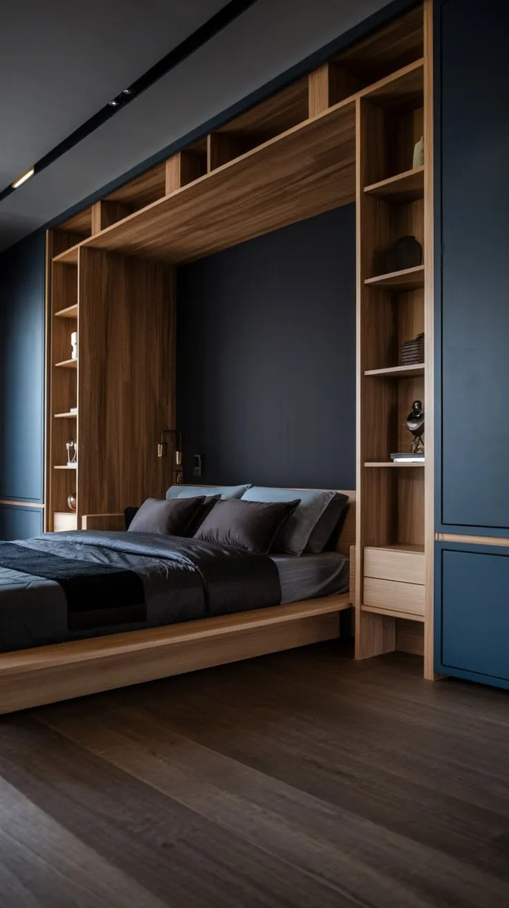 Indulge in a sophisticated modern luxury bedroom featuring dark wood, low-slung furniture, and a calming gray and dark blue palette