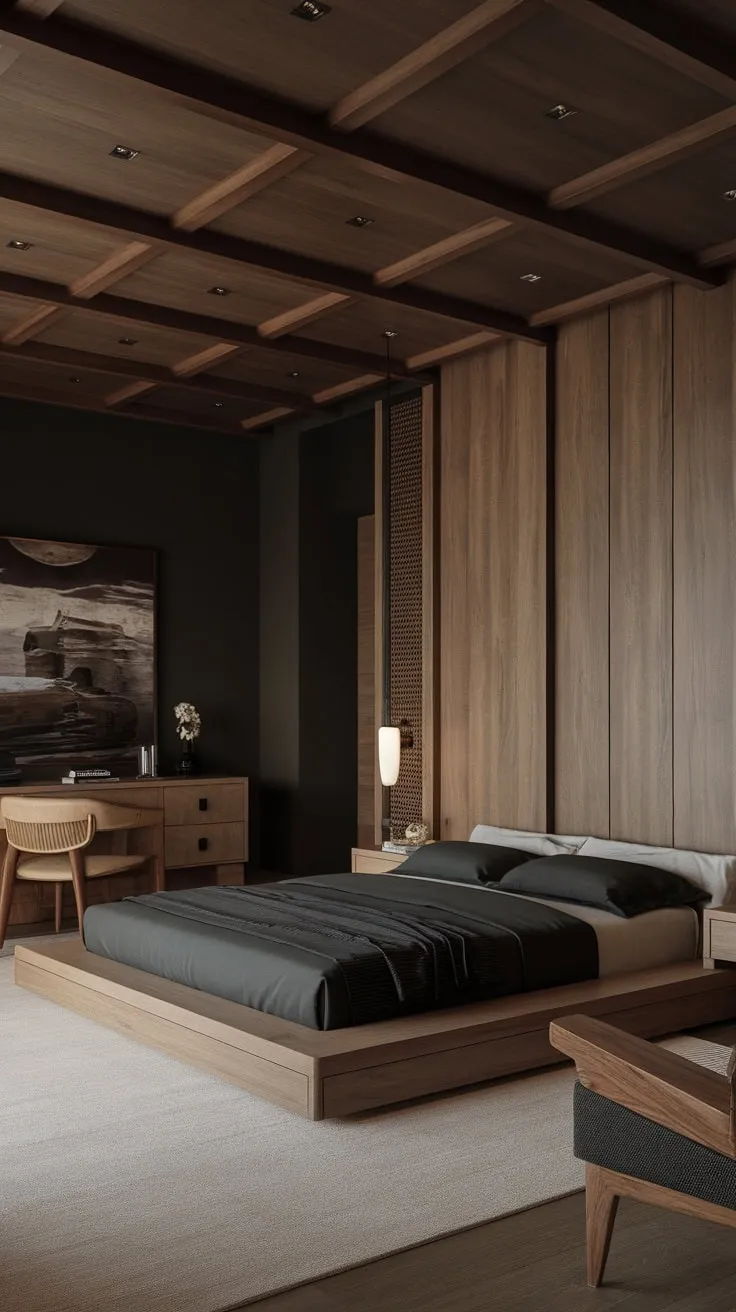 Dark wood accents and moody tones create a sophisticated, low-slung modern luxury bedroom retreat