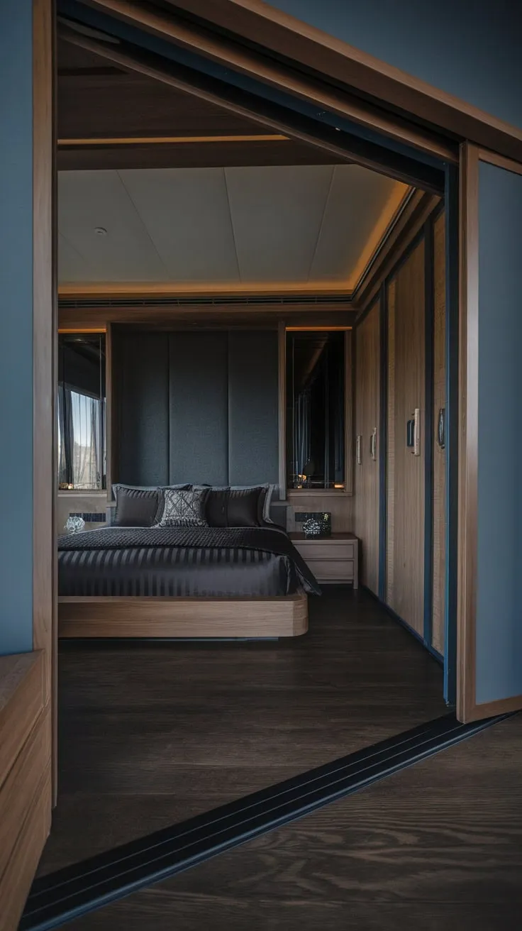 Dark wood floors and walls enhance the moody elegance of this modern luxury bedroom featuring a low profile bed and rich color scheme.