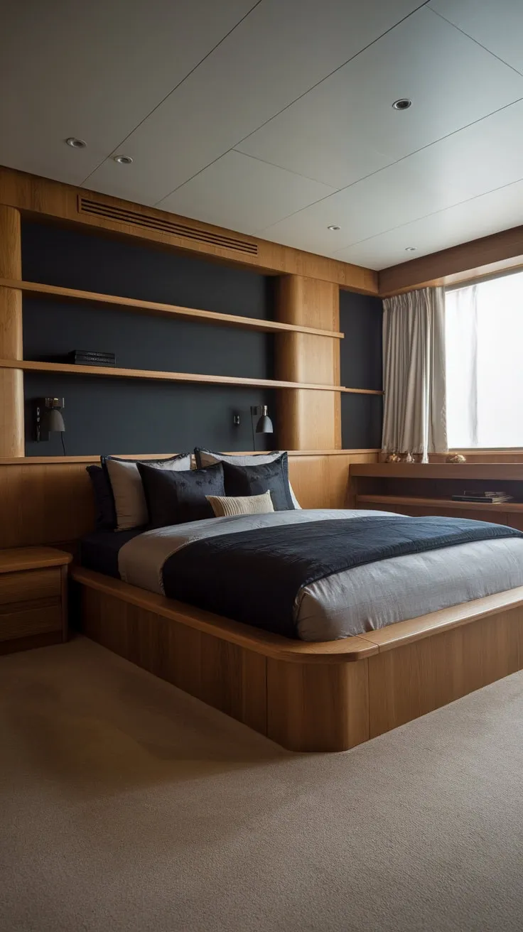 Dark gray walls and rich wood accents create a sophisticated modern luxury bedroom sanctuary.