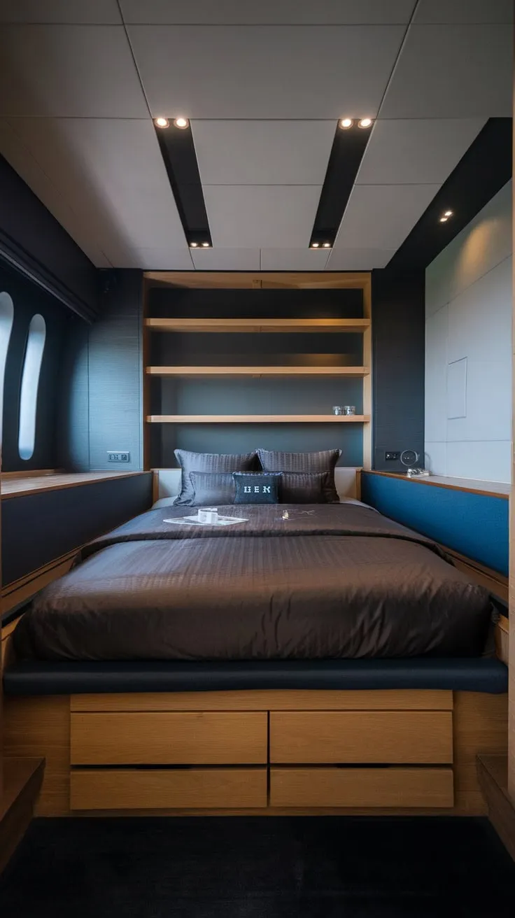 Dark walls and rich wood accents define this modern luxury bedroom, a haven of sophisticated comfort centered around a low platform bed.