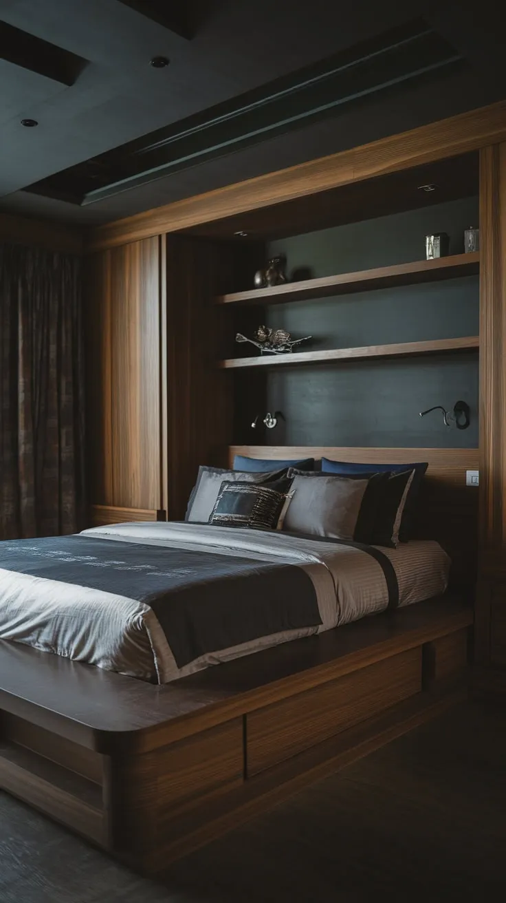 A low-slung dark wood bed anchors a sophisticated, darkly hued modern luxury bedroom.