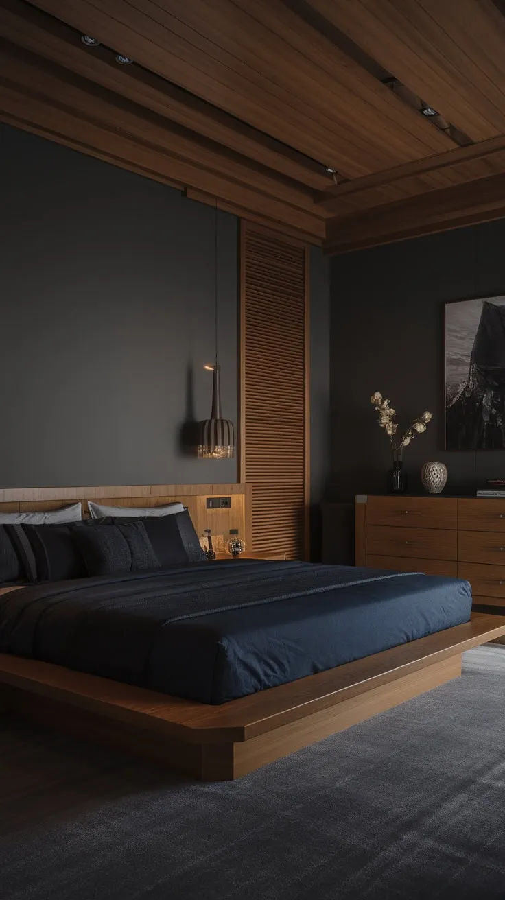 Dark wood and moody hues create a serene yet opulent atmosphere in this modern luxury bedroom, featuring a low profile bed and carefully chosen accents.
