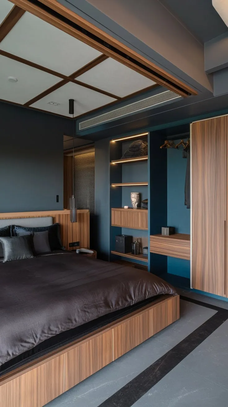 Dark walls and a gray-blue palette highlight the sleek wooden features in this luxurious modern bedroom.