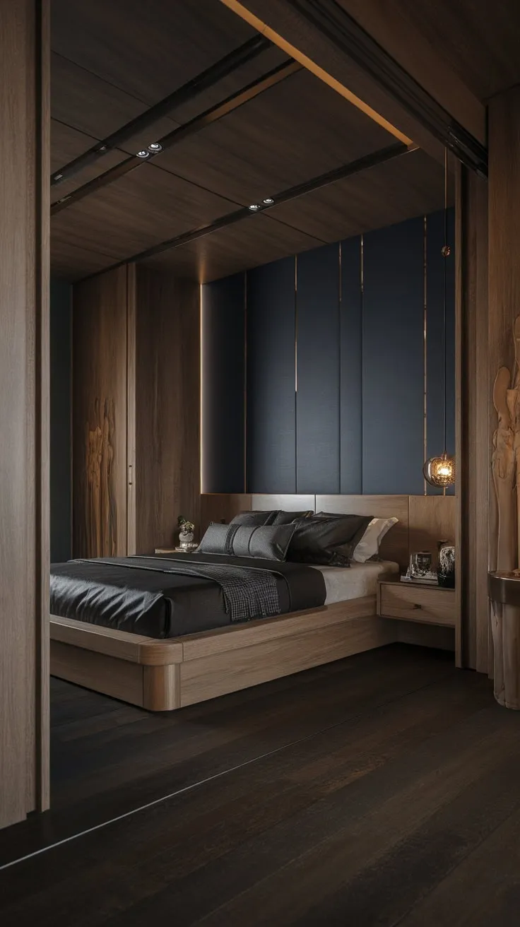A moody, dark-toned modern luxury bedroom features a low bed and rich wooden accents for a refined atmosphere.