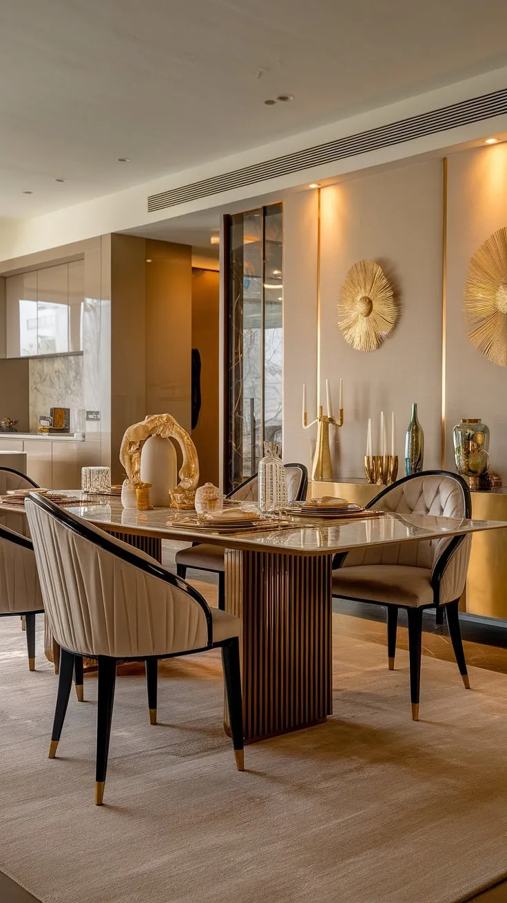Bathed in warm light, this luxurious dining room is a testament to refined living. The rich marble table, complemented by gold-accented chairs and tasteful décor, sets a sophisticated tone. A seamless transition to the adjacent kitchen completes this stunning, inviting space.