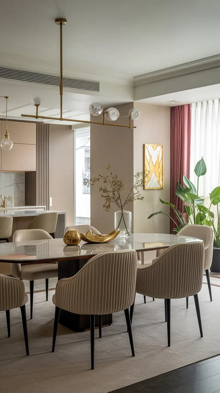 A symphony of textures and tones. This luxurious dining room, featuring a stunning marble table and gold detailing, is a haven of sophisticated style. The open-plan design flows effortlessly into the kitchen, enhancing the feeling of spaciousness and ease. Potted plants add a touch of nature's beauty, completing this picture of refined modern living.