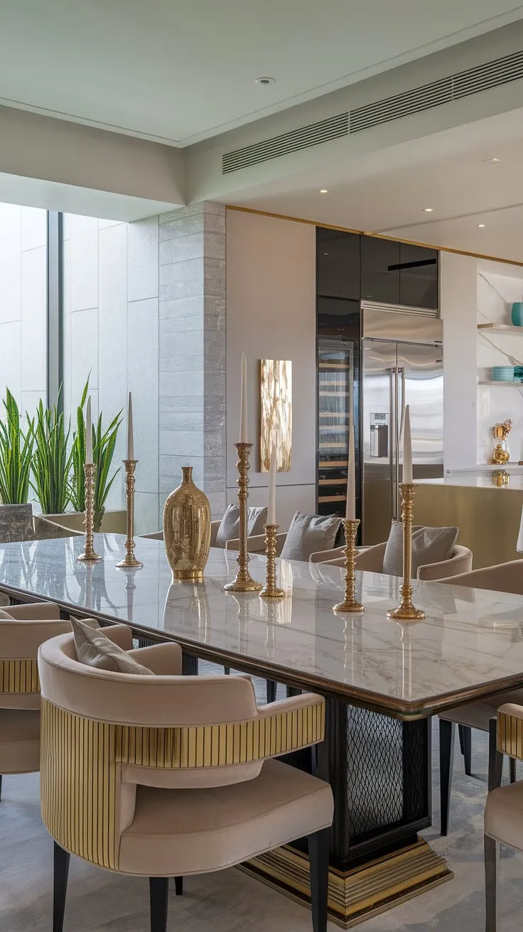 A sophisticated sanctuary for culinary creations and cherished moments. The sleek stainless steel appliances of the kitchen flow effortlessly into the opulent dining room, where a marble table takes center stage, adorned with gold details. A harmonious blend of modern design and timeless luxury, creating a space where every detail is carefully considered. A true masterpiece of interior design.
