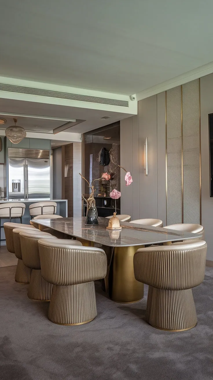 A symphony of textures and tones. The cool grey palette of this dining room is beautifully contrasted by the warmth of the gold chairs and the luxurious sheen of the marble dining table. Adjacent to a state-of-the-art kitchen, this space is the perfect blend of modern luxury and practical functionality, ideal for hosting intimate dinners or grand celebrations.
