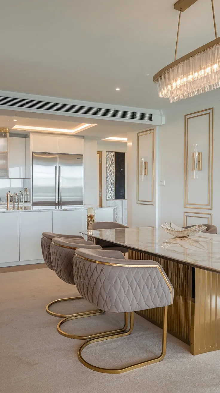 A symphony of gold and marble. This breathtaking dining space, seamlessly connected to a sleek stainless steel kitchen, is the epitome of sophisticated design. A perfect setting for creating cherished memories around a beautifully appointed table.