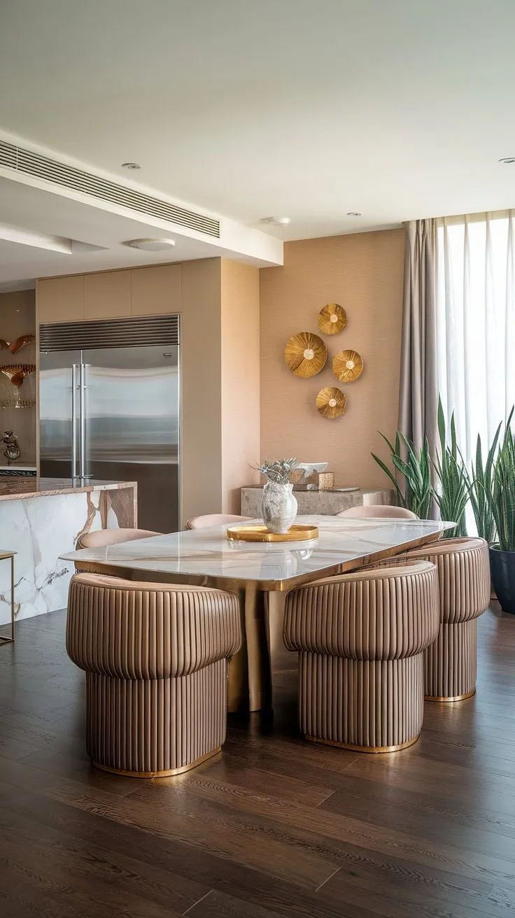 Indulge in the refined ambiance of this open-plan living space. A breathtaking marble dining table, surrounded by opulent gold chairs, anchors the dining area, while the adjacent kitchen, boasting state-of-the-art stainless steel appliances, promises culinary delights. The carefully curated details, from the potted plants to the gold wall decor, create a truly exceptional atmosphere.