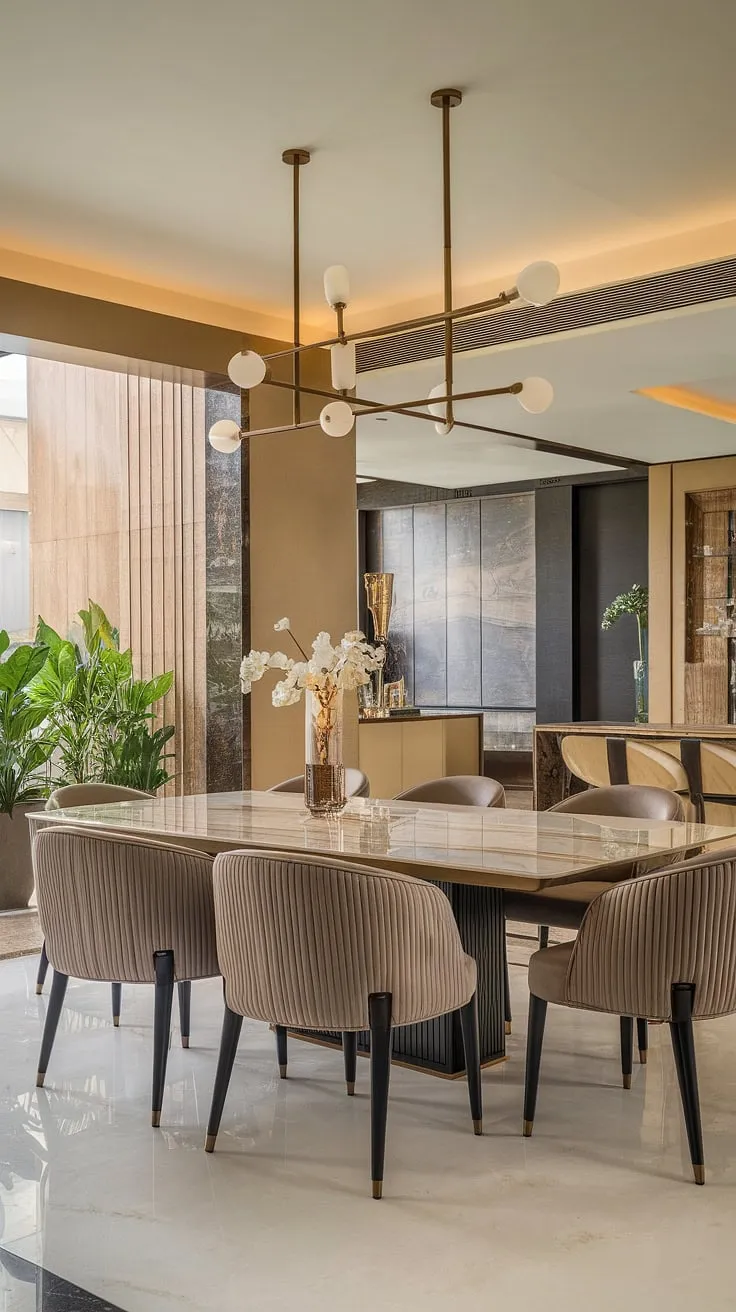 A symphony of textures and tones. This luxurious dining room, featuring a stunning marble table and gold accents, is a haven of refined taste. The subtle beige walls create a calming backdrop, while the nearby kitchen and potted plants add a touch of warmth and life. A space designed for unforgettable moments.