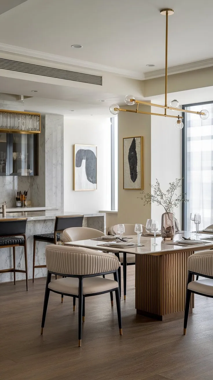 A symphony of light and luxury. This stunning dining room, featuring a breathtaking marble table and opulent gold details, is the epitome of refined living. The spacious layout and abundant natural light create an inviting ambiance, ideal for cherished moments with loved ones.