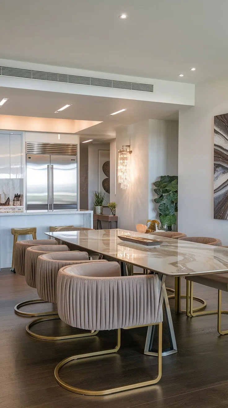 Where modern design meets opulent comfort. The gleaming marble dining table, surrounded by luxurious gold chairs, is a centerpiece of this breathtaking space. A sophisticated ambiance is created by the seamless flow between the kitchen's sleek stainless steel and the dining room's refined elegance.