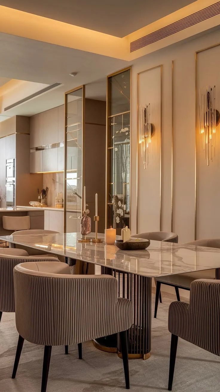Bathed in warm light, this luxurious dining room is a testament to refined taste. A stunning marble table, adorned with subtle details, takes center stage, complemented by the rich gold tones and plush seating. A truly captivating space designed for cherished moments.
