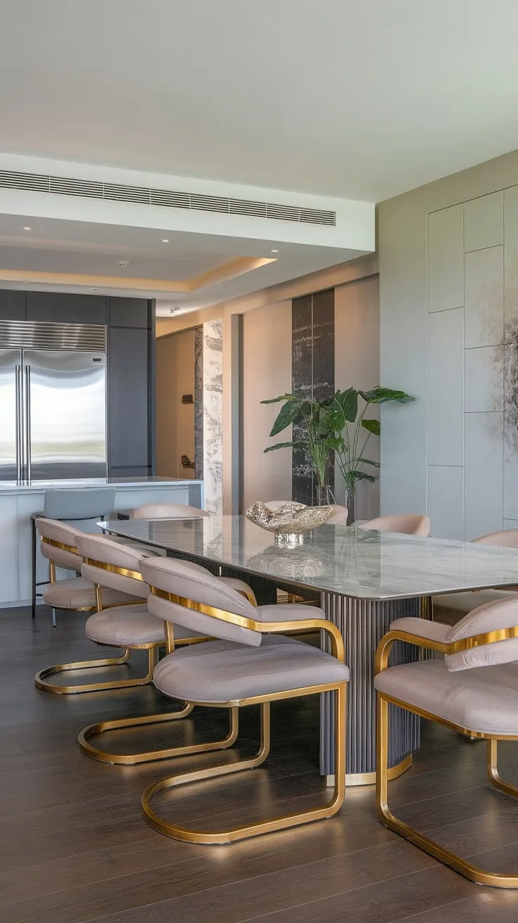 Where modern luxury meets culinary artistry. A stunning marble dining table takes center stage in this light-filled space, complemented by sleek gold chairs and a state-of-the-art kitchen just steps away. The perfect setting for creating cherished memories and savoring life's finest moments.