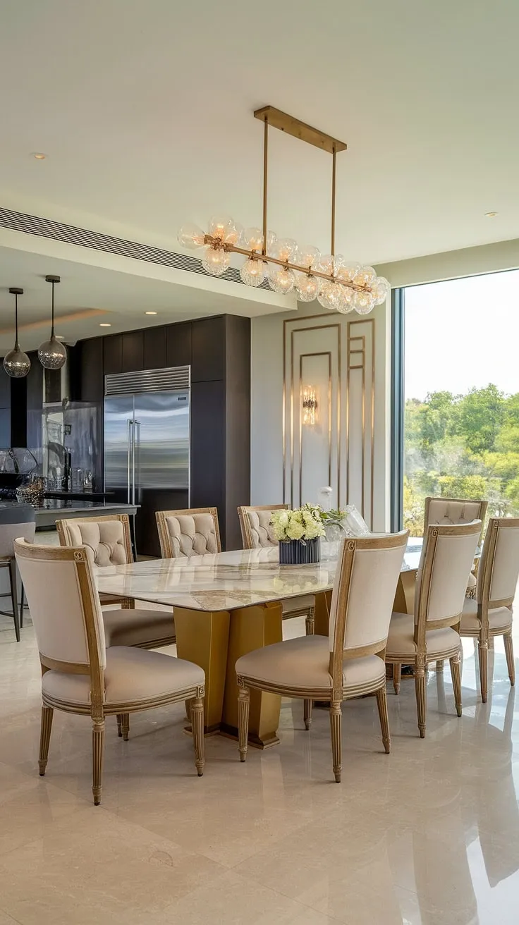 A symphony of light and luxury. The subtle gold detailing complements the cool marble and stainless steel, creating a harmonious blend of textures and tones in this stunning dining area. A picture-perfect setting for cherished moments, overlooking a tranquil landscape.