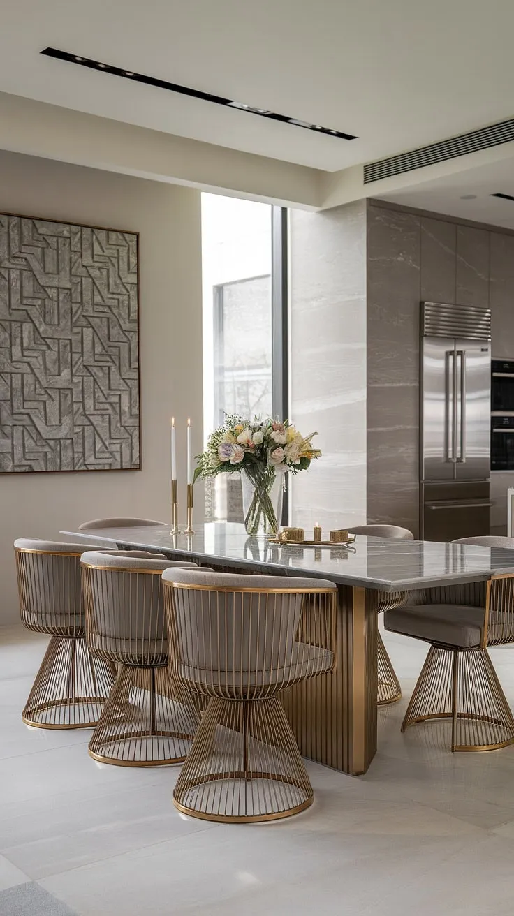 A symphony of light, texture, and refined taste. This luxurious dining room, featuring a stunning marble table and gleaming gold chairs, offers a haven of calm and sophistication. A carefully curated selection of décor, including a vibrant floral arrangement, elevates the minimalist aesthetic, creating a space where A truly memorable dining experience awaits.