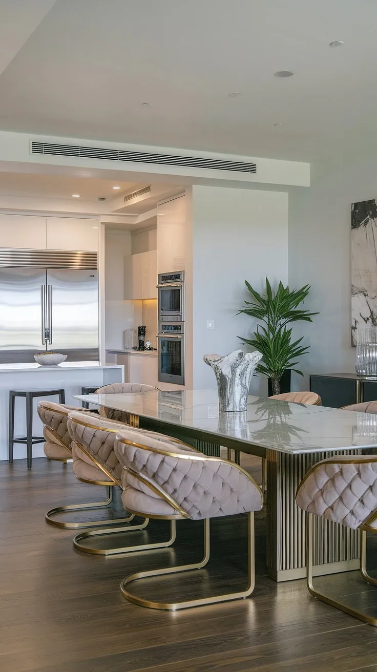 A sophisticated sanctuary for both intimate dinners and grand celebrations. The gleaming marble dining table, accented by opulent gold chairs, sits majestically beside a state-of-the-art kitchen. A simple yet elegant plant adds a touch of nature to this impeccably designed space. A true reflection of refined taste.