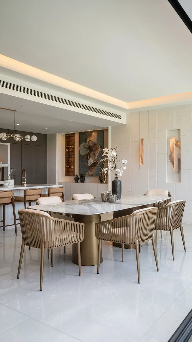 A minimalist haven where culinary artistry meets refined elegance. The cool marble table, gleaming gold chairs, and seamless transition to the kitchen create a dining experience as sophisticated as it is effortless. A testament to modern luxury.