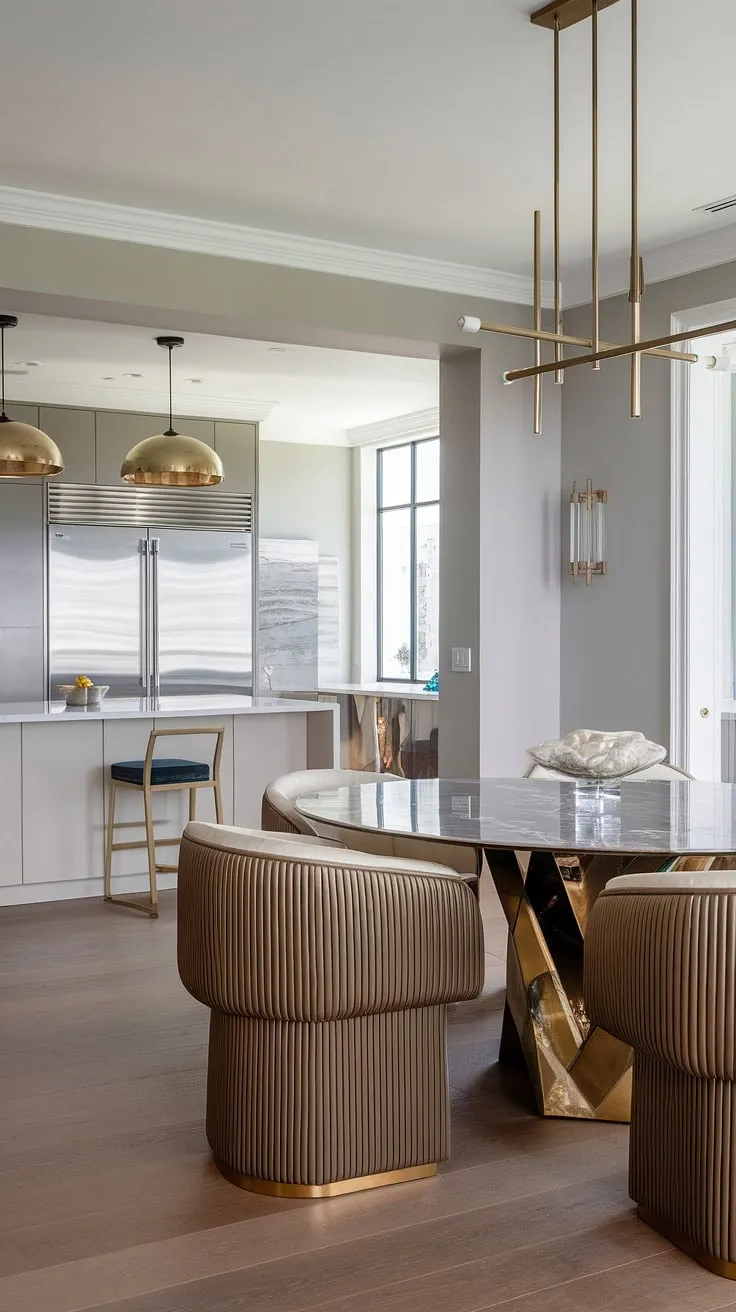 A breathtaking blend of sophistication and functionality. This open-plan design effortlessly unites a sophisticated dining area, featuring a magnificent marble table and luxurious gold chairs, with a state-of-the-art kitchen. Natural light streams in, illuminating the space and highlighting the exquisite details. A true masterpiece of modern design.
