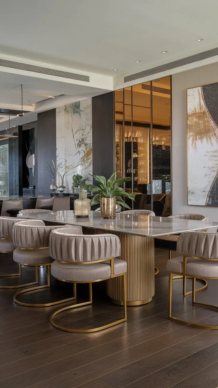 Indulge in effortless elegance. This modern dining room, seamlessly flowing into the adjacent kitchen, boasts a stunning marble table, luxurious gold chairs, and tasteful artwork, creating a space where culinary delights and sophisticated gatherings intertwine. The dark wood floors and subtle greenery add warmth and depth to this luxurious setting.