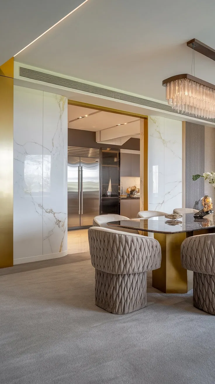 Indulge in effortless elegance. This open-plan living space seamlessly blends a modern kitchen with stainless steel appliances and a luxurious dining area, featuring a stunning marble table, gold-accented chairs, and a captivating chandelier. The white and gold accent wall adds a touch of sophistication, creating a truly unforgettable dining experience.