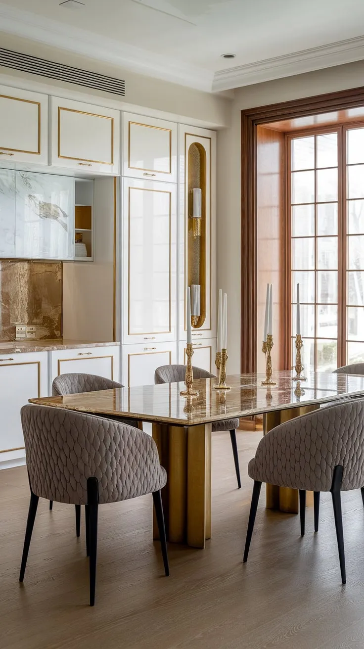 A symphony of light and luxury. This breathtaking dining room, with its marble table and gold detailing, offers a sophisticated setting for intimate dinners and grand celebrations alike. The open-plan design, connecting the dining area to the kitchen, enhances the feeling of spaciousness and effortless flow.