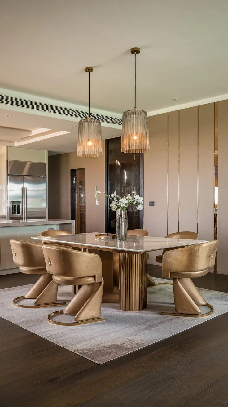 Sophisticated dining redefined. A breathtaking marble dining table, complemented by opulent gold chairs, takes center stage in this exquisitely designed space. The adjacent kitchen, boasting sleek stainless steel appliances, adds a touch of modern functionality. The warm beige walls and dark wood flooring, accented by a luxurious rug, complete this picture of refined living.