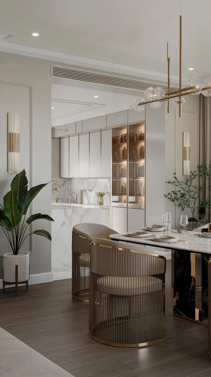 A breathtaking space where culinary artistry and refined design converge. The marble dining table, surrounded by opulent gold chairs, commands attention in this bright, airy dining room. A subtle yet impactful gold theme, complemented by the rich wood flooring and lush greenery, creates a sophisticated ambiance. A perfect setting for creating cherished memories.
