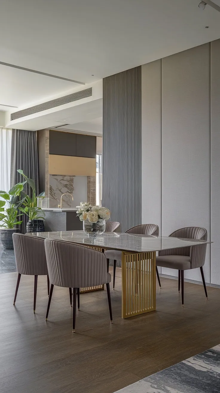 A symphony of textures and tones. The cool marble of the dining table, the warmth of the hardwood floor, and the soft gray walls create a harmonious balance in this elegant dining space. Gold accents add a touch of luxury, while the nearby kitchen provides effortless convenience. A true testament to refined living.
