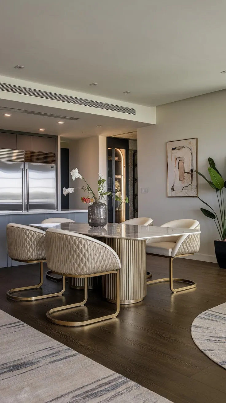 Indulge in effortless elegance. This modern dining space, seamlessly flowing into a sleek kitchen, boasts a stunning marble table and luxurious gold chairs, creating an atmosphere of refined sophistication. The minimalist design, punctuated by carefully chosen accents, speaks volumes about understated luxury.