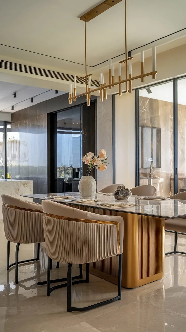 A symphony of light, marble, and gold defines this luxurious dining room. The open-plan design effortlessly connects the kitchen and dining areas, creating a sophisticated and inviting space for effortless entertaining. A few carefully chosen items on the marble table complete the minimalist aesthetic.