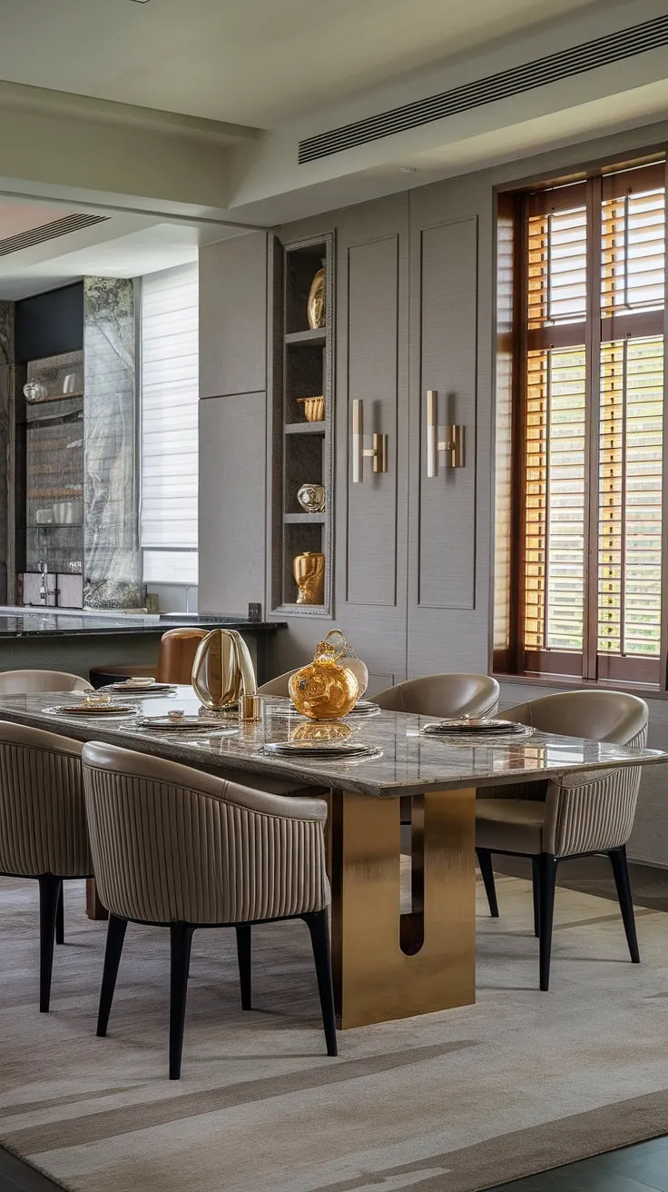 Indulge in effortless elegance. This modern dining space, seamlessly flowing into the kitchen, boasts a marble table adorned with gold accents, creating a sophisticated ambiance enhanced by the grey walls, built-in shelving, and the warmth of natural light filtering through wooden shutters. The plush rug underfoot completes the luxurious feel.