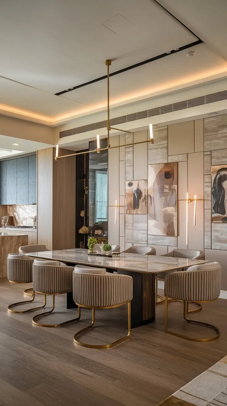 Bathed in natural light, this opulent dining room is a sanctuary of style. The rich marble table, complemented by the shimmering gold chairs and subtle artwork, creates an atmosphere of understated luxury. A perfect blend of form and function, this space is designed for those who appreciate the finer things in life. The open concept seamlessly connects the dining area to the kitchen, enhancing the overall sense of spaciousness and flow.