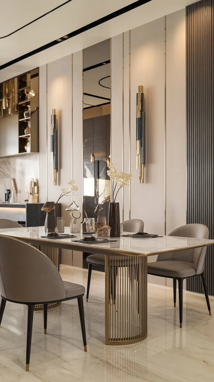A symphony of sophistication. This luxurious dining room, with its gleaming marble table and gold-legged chairs, is a testament to refined taste. The open-plan design, incorporating the kitchen, enhances the feeling of spaciousness and effortless style, while the subtle gold accents throughout add a touch of opulence.