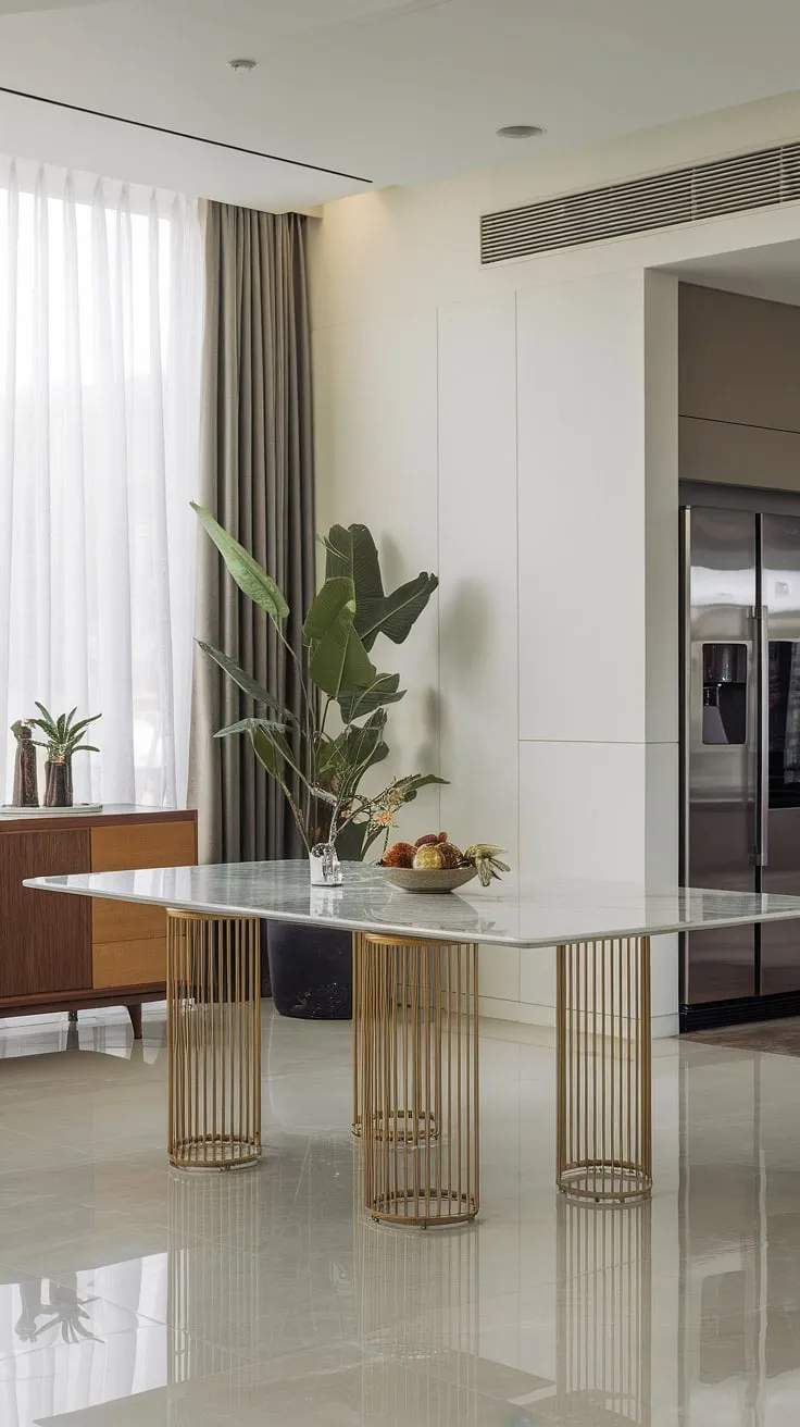 The epitome of refined living. A breathtaking marble dining table, supported by elegant gold legs, anchors this bright and airy space. The seamless transition to the modern kitchen, complete with stainless steel appliances, showcases a harmonious blend of form and function. Subtle details, like the potted plant and wooden cabinetry, add warmth and personality to this impeccably designed area.