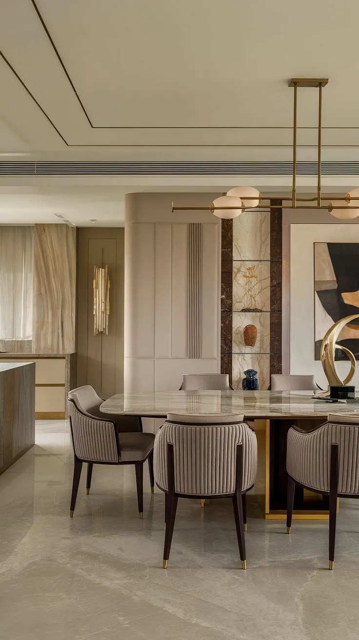 A symphony of textures and light. This sophisticated dining room, with its calming beige tones and grey flooring, is a haven of understated luxury. The marble dining table, complemented by plush seating and A touch of gold, sets the stage for intimate dinners and cherished moments.