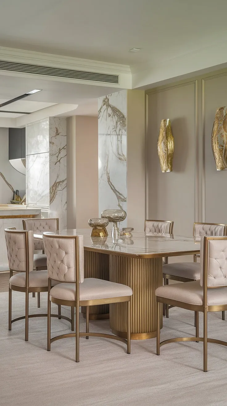 The epitome of sophisticated dining. A breathtaking marble table, gleaming gold details, and plush seating create an atmosphere of refined luxury in this open-plan space, where culinary creations meet elegant ambiance. A truly inspiring design.