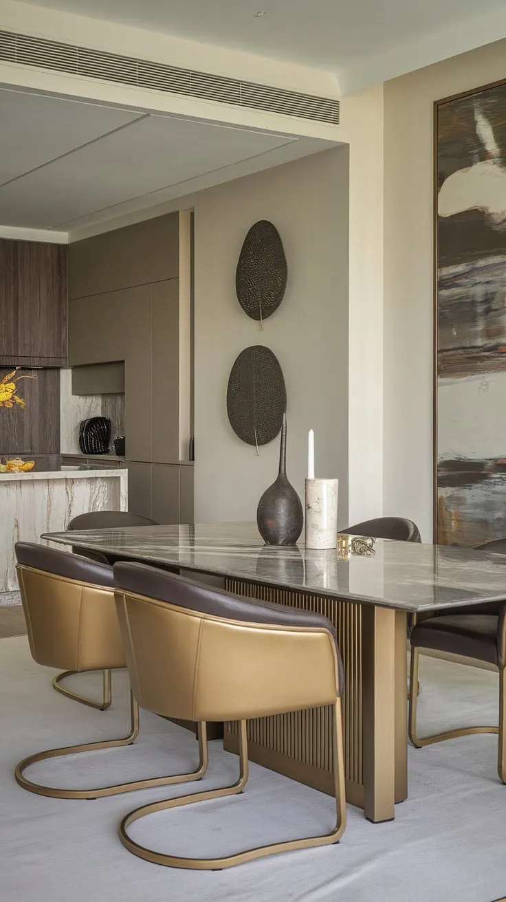 A symphony of light and luxury. This modern dining room, adjacent to a fully equipped kitchen, is a testament to refined living. The sleek gold chairs and cool marble table create a captivating contrast, while subtle decorative accents add a touch of personality to this exquisitely designed space.