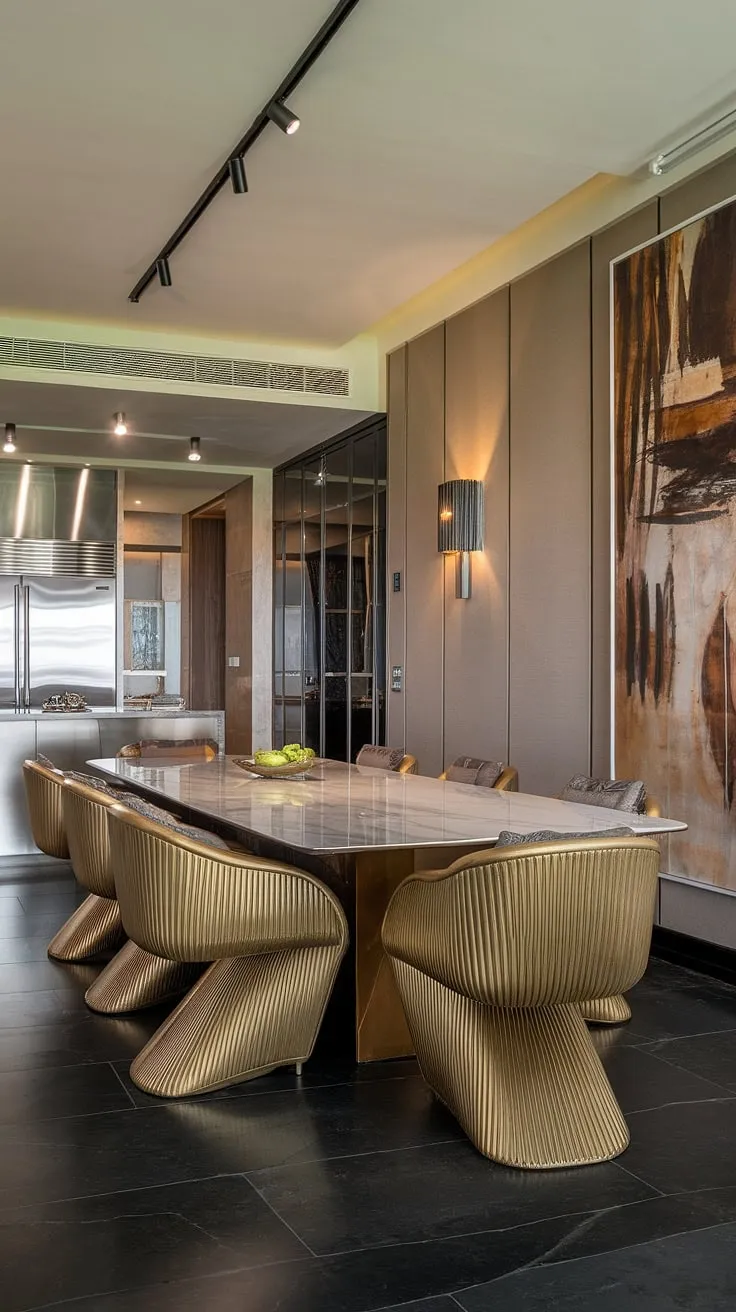 Indulge in effortless elegance. The seamless flow between this modern kitchen, with its gleaming stainless steel appliances, and the luxurious dining area, featuring a marble table and gold-accented chairs, creates a sophisticated ambiance. A striking piece of abstract art completes the scene, showcasing a refined taste for the finer things.