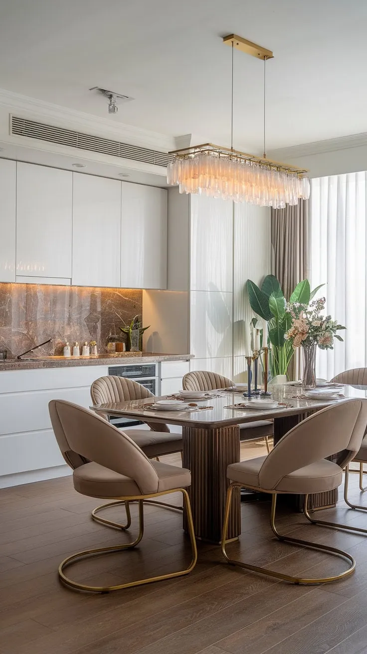 Indulge in the exquisite details of this open-plan living space. The interplay of textures-from the cool marble of the dining table to the warm wood flooring-is perfectly balanced by the luxurious gold accents and the bright, airy kitchen. A testament to refined living, this home effortlessly blends functionality with unparalleled style.