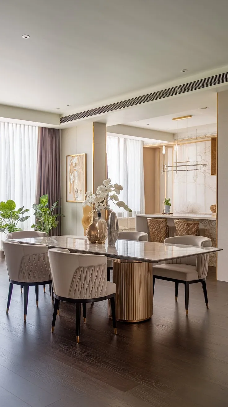 Indulge in effortless elegance. This modern dining space, with its gleaming marble table and gold accents, seamlessly flows into the adjacent kitchen, creating a sophisticated haven for culinary gatherings and intimate conversations. The soft lighting and lush greenery complete the ambiance.