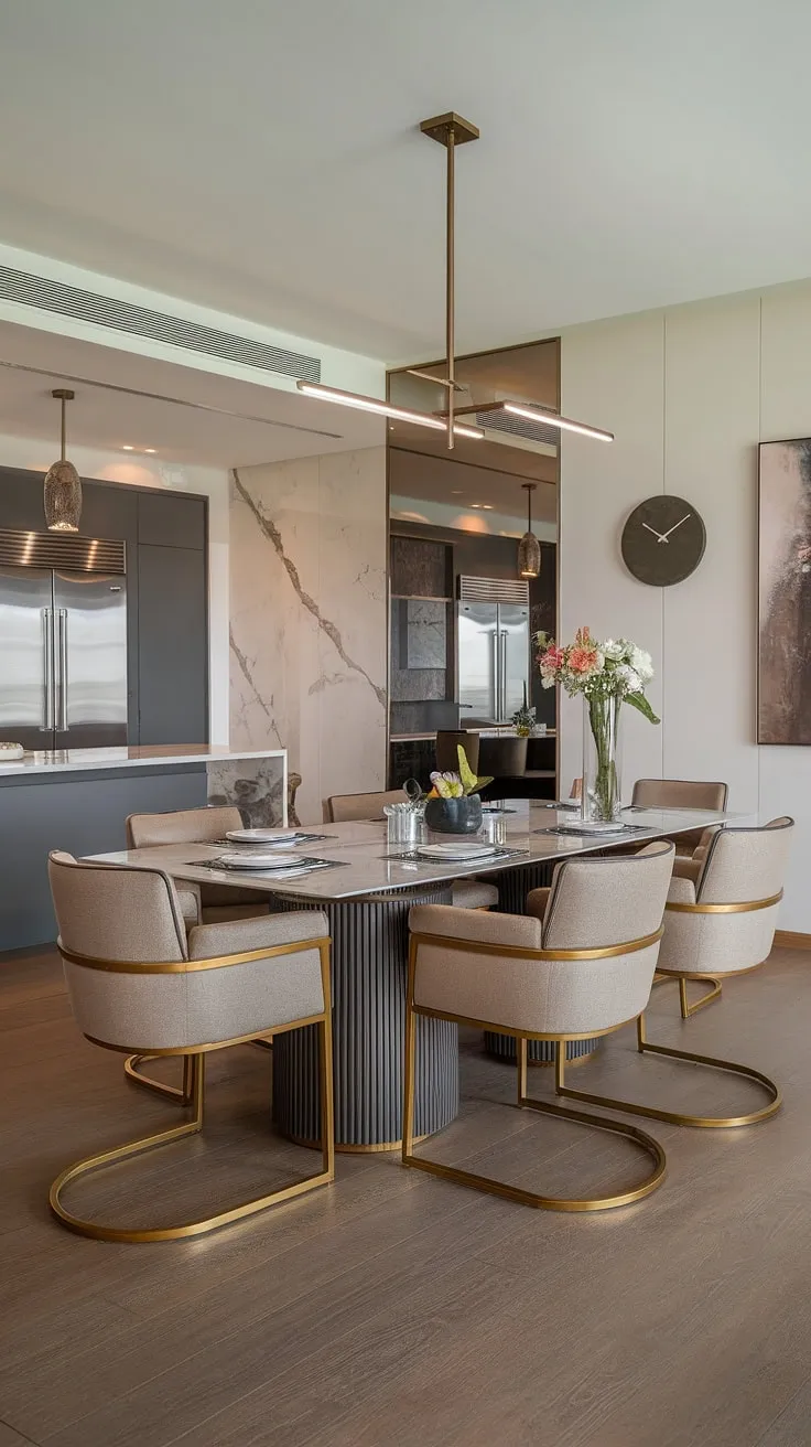 The epitome of refined living. A breathtaking marble dining table takes center stage in this minimalist haven, surrounded by opulent gold chairs that whisper luxury. The adjacent kitchen, with its stainless steel appliances, adds a touch of contemporary practicality. Subtle decorative elements, including a carefully chosen painting and a stylish clock, complete the picture of understated sophistication.