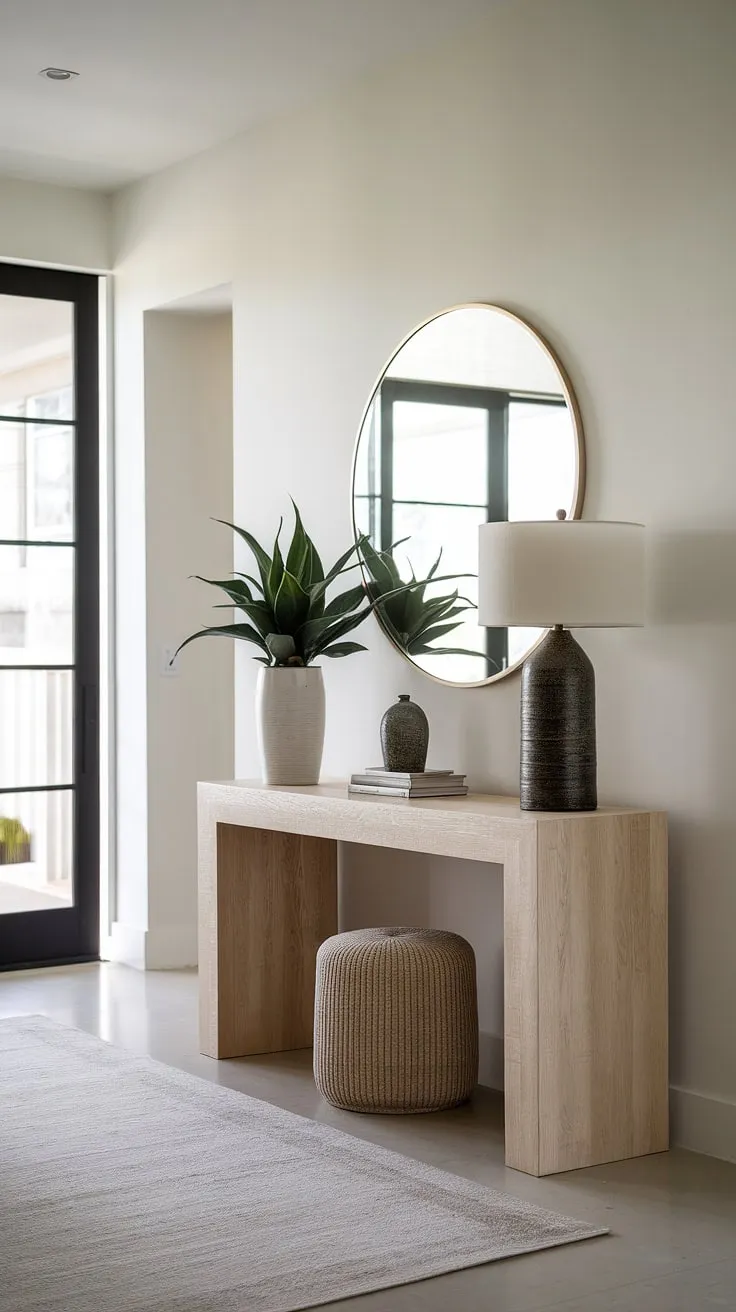The epitome of modern luxury. This bright and airy entryway boasts a minimalist design that's both inviting and incredibly stylish. A light wood console table, subtly styled with a plant, lamp, and vase, adds a touch of warmth to the crisp white walls. A space where simplicity meets sophistication.