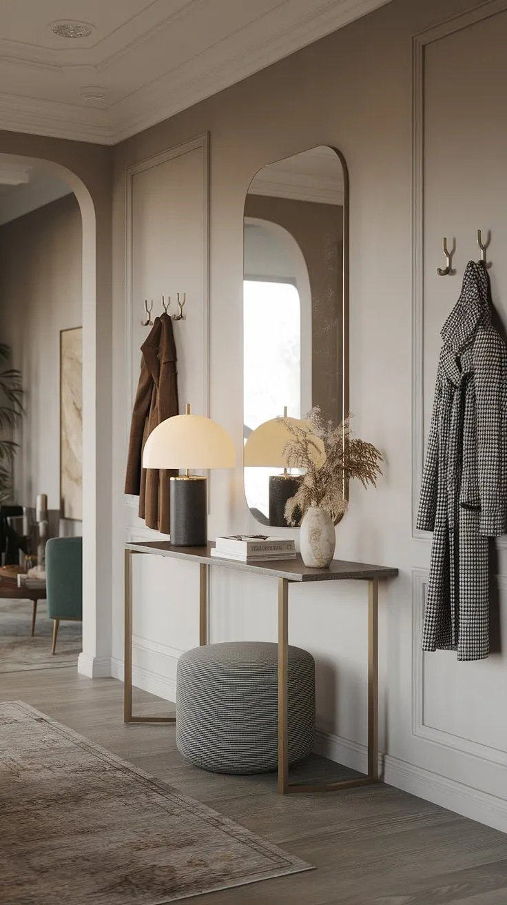 Step into serenity. This minimalist entryway, with its carefully curated details and calming palette, sets the tone for the entire home. The subtle lighting and thoughtful placement of each element-from the console table to the strategically placed hooks-create a welcoming and effortlessly chic atmosphere. A perfect blend of form and function.