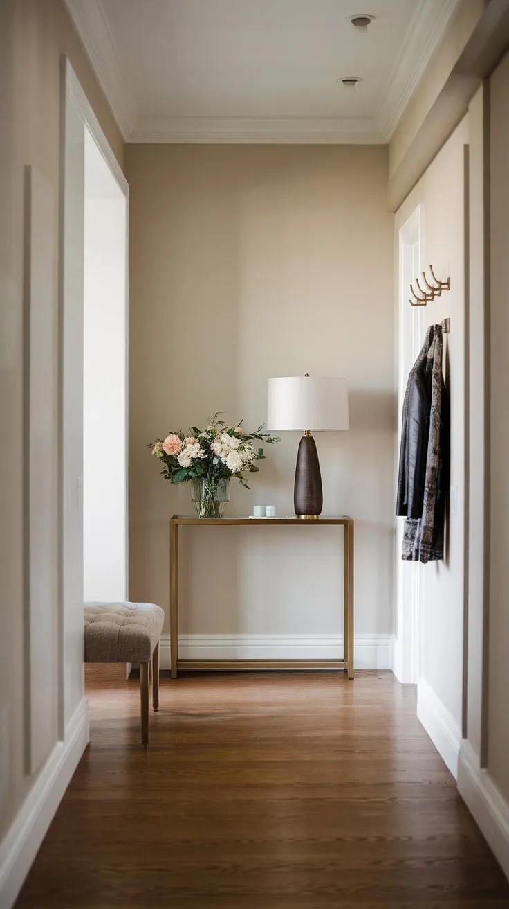 A sanctuary of calm awaits. This modern entryway, featuring a minimalist console table, subtle wall hooks, and the warm glow of a lamp, invites you to shed the day's worries and step into tranquility. The understated elegance speaks volumes, creating a space that is both stylish and supremely comfortable.