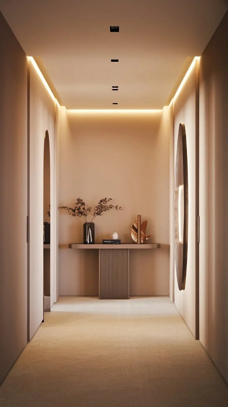 A haven of calm awaits. This modern entryway, defined by its soft beige walls and plush carpeting, offers a tranquil transition from the outside world. The minimalist console table, with its carefully chosen accents, adds a touch of sophistication. A space designed for both beauty and peaceful arrival.